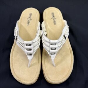 MINNETONKA WOMEN'S Sandals Thong Shoes WHITE LEATHER Silver FLIP FLOPS Size 9